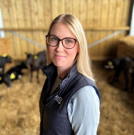  Laura is in a barn with some calves. She is blonde with glasses and is smiling at the camera.